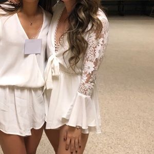White tie-front lace romper